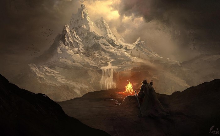 Fantasy art of a lone traveler by a campfire with mountains and waterfall