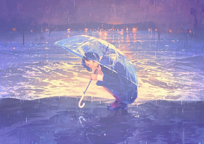 Anime girl with umbrella in the rain