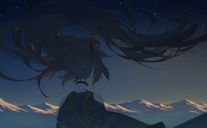 Anime girl with long hair under starry sky