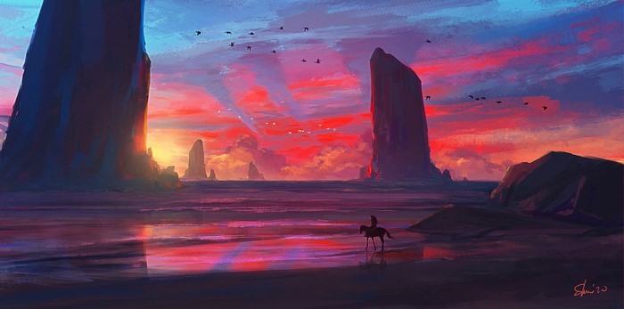 Sunset landscape with a person on horseback by Sebastien Hue