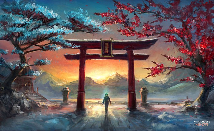 Digital art landscape with Torii gate by Sebastien Hue