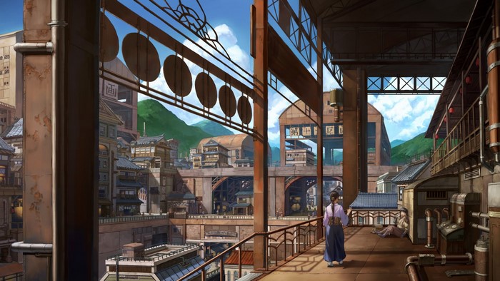 Steampunk city with a woman on a balcony