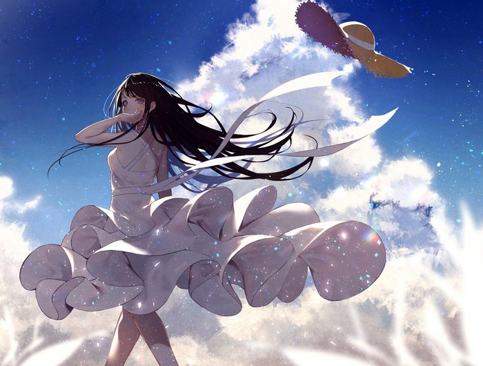 Anime girl with black hair in a white dress under the sky