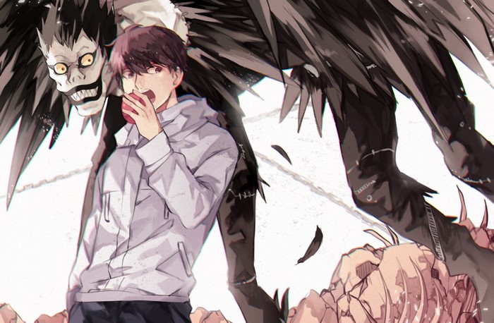 Light Yagami and Ryuk from Death Note with an apple