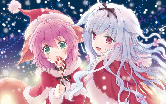 Anime girls in Santa hats with candy canes and snow