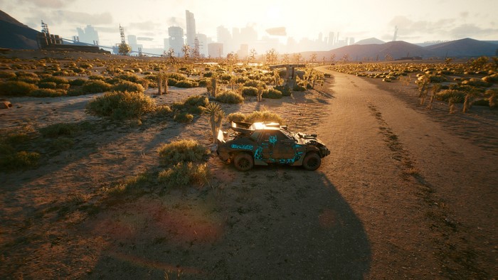 Cyberpunk 2077 desert landscape with a modified car