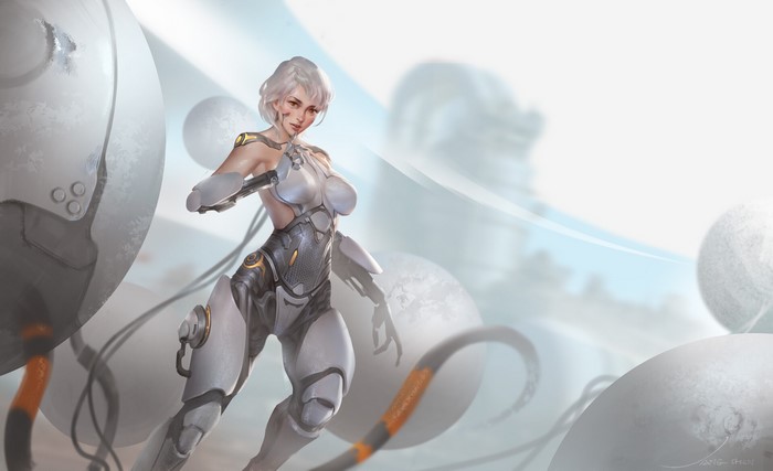 Cyborg woman with white hair in futuristic environment