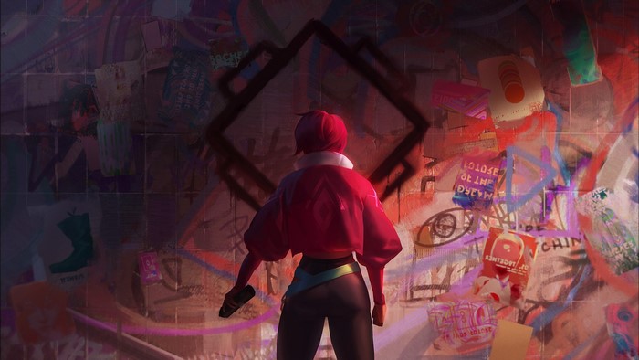 Girl with red hair in front of graffiti wall