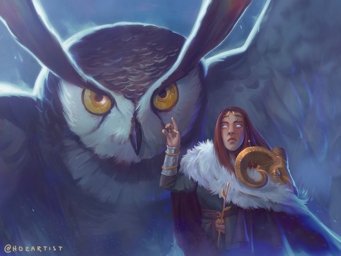 Fantasy girl with owl and ram horns