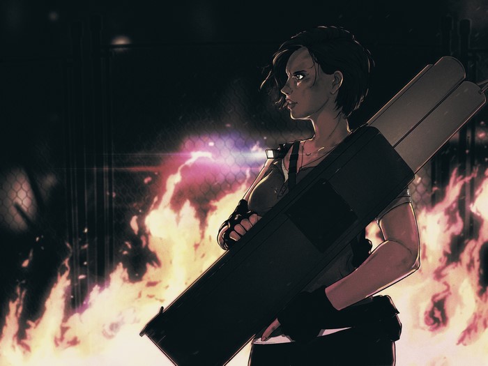 Jill Valentine from Resident Evil with a rocket launcher in front of fire
