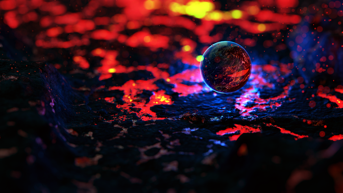 Planet in a lava field with particles