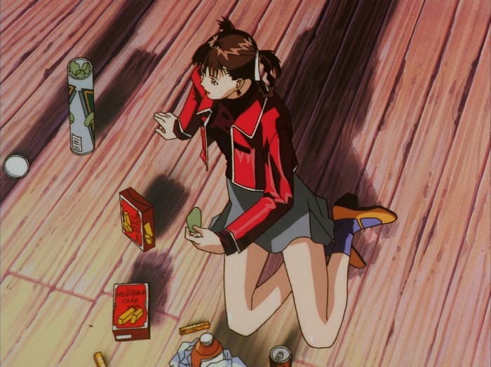 Anime girl with snacks on wooden floor