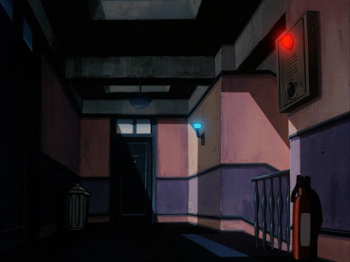 Anime hallway with a fire extinguisher and trash can