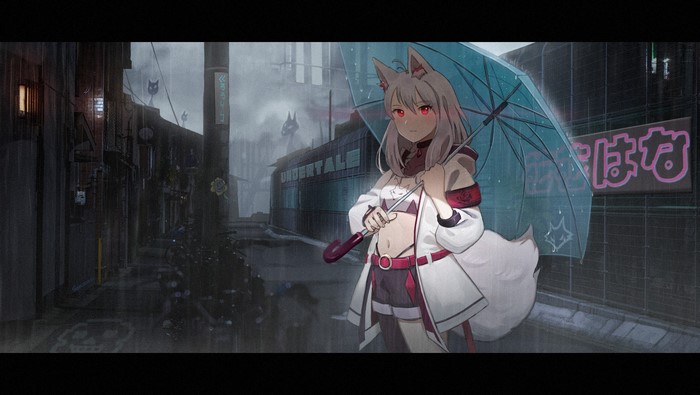 Anime girl with fox ears holding an umbrella in the rain