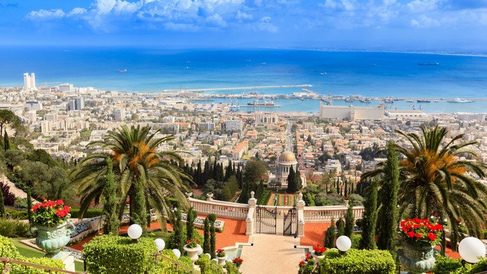 Panoramic view of Haifa, Israel with port and sea