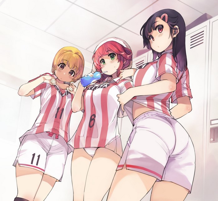 Anime girls in sportswear in a locker room