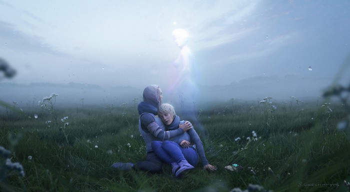 Couple in a misty field with a spirit