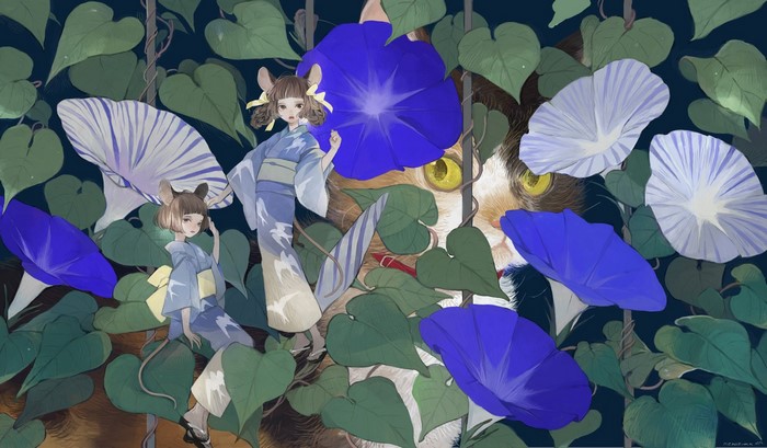 Mouse girls and cat among morning glories