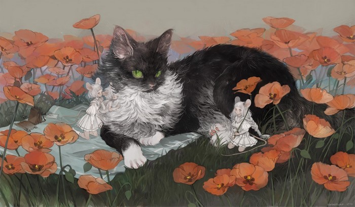 Cat with mouse girls in a field of poppies