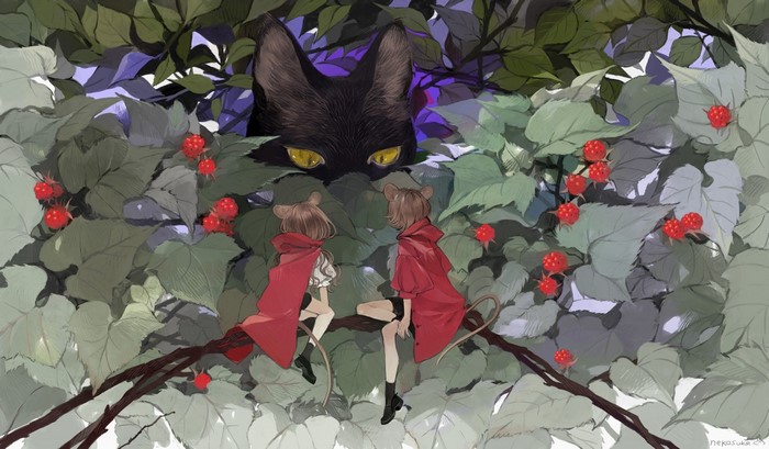 Anime mouse girls and black cat in forest