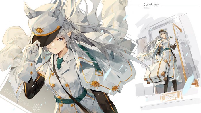 Anime girl conductor with animal ears and luggage