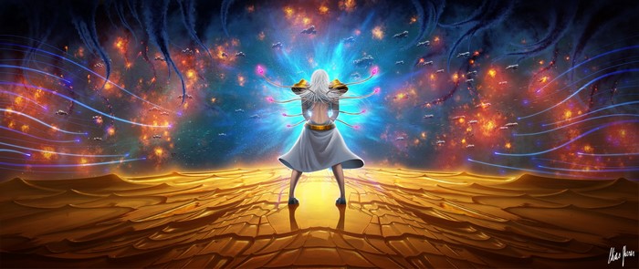 Woman with glowing tendrils in a cosmic battle