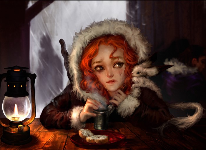 Redhead girl with creature in a tavern