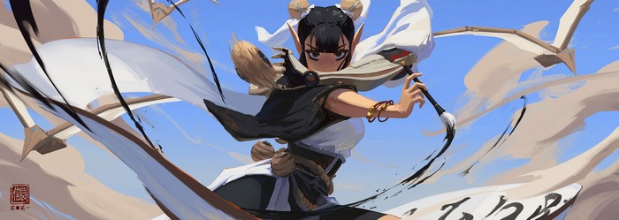 Fantasy girl with paint brushes and scrolls