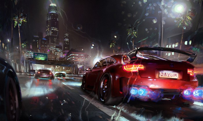 Red sports car driving on a wet street at night