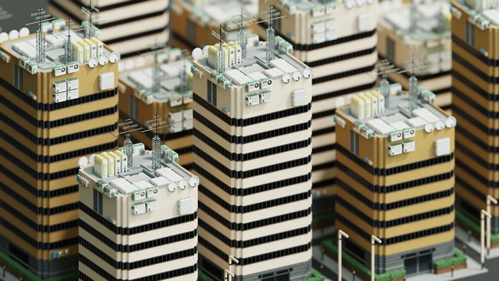 4K CGI render of a city skyline with buildings and antennas