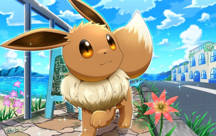 Eevee from Pokémon walking by the sea