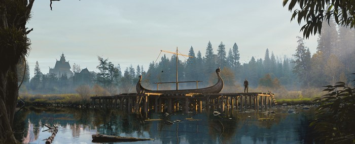 Viking ship docked at a wooden pier with a man standing