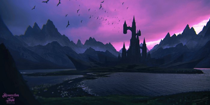 Castle in a dark fantasy landscape with bats