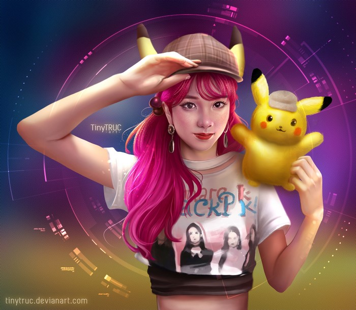 Woman with pink hair and Pikachu from BLACKPINK fan art