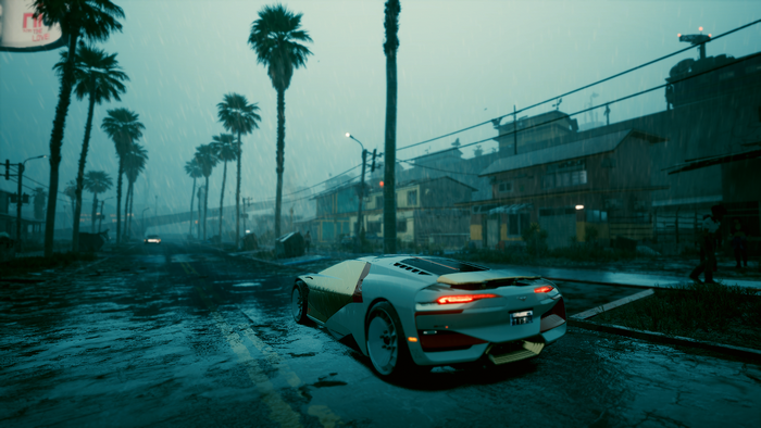 Cyberpunk 2077 car driving in the rain at night