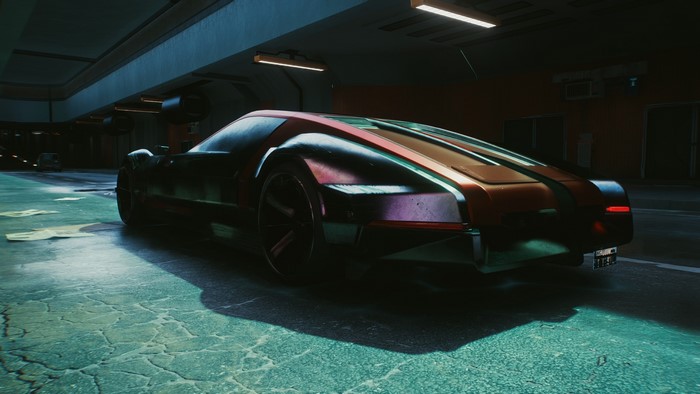 Cyberpunk 2077 futuristic car in a garage