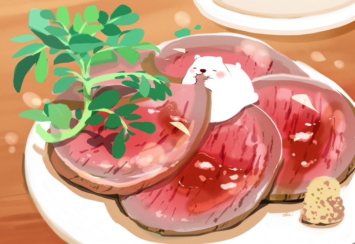 Polar bear eating food with greens and wasabi