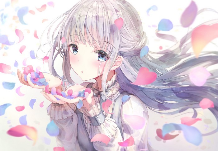 Anime girl with silver hair blowing petals