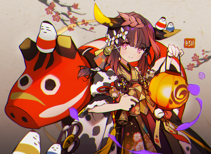 Anime girl with horns and cow costume holding lantern