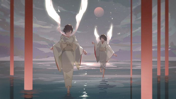 Two anime girls with wings in kimonos walking on water