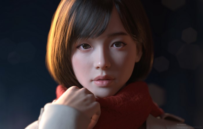 3D render of an Asian woman with a red scarf