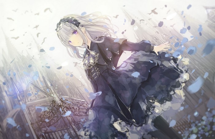 Anime girl with silver hair and purple eyes in a dark dress