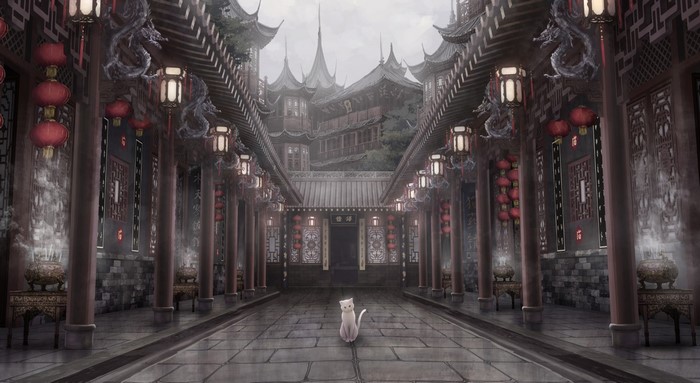 A white cat in a traditional Asian courtyard