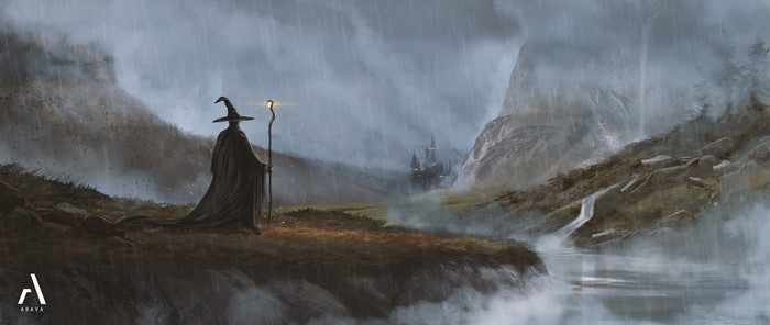 Gandalf the wizard in a fantasy landscape