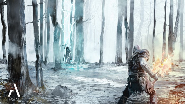 Kratos and Thor in a snowy forest from God of War