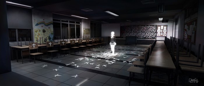 Ghost in a dark classroom with paper crosses