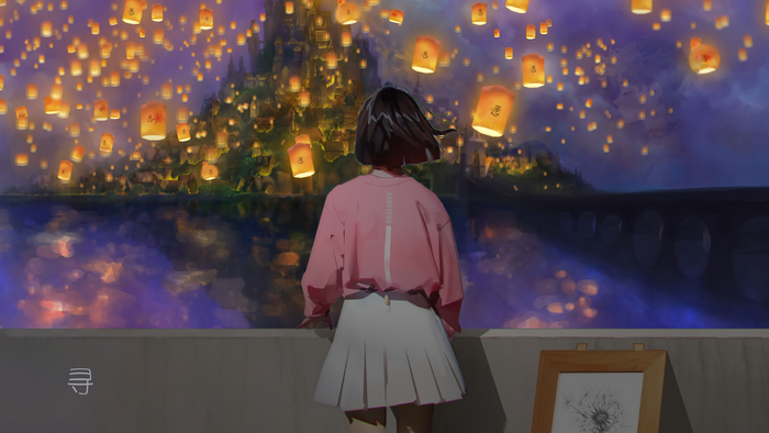 Anime girl watching lanterns over a city