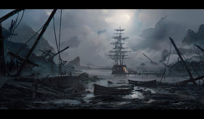 Digital art of a ghost ship in a misty bay with shipwrecks