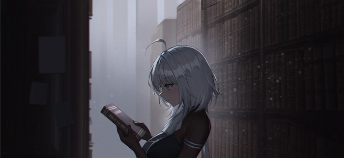 Anime girl with silver hair reading a book in a library