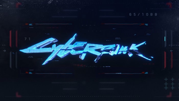 Cyberpunk 2077 logo with futuristic HUD elements